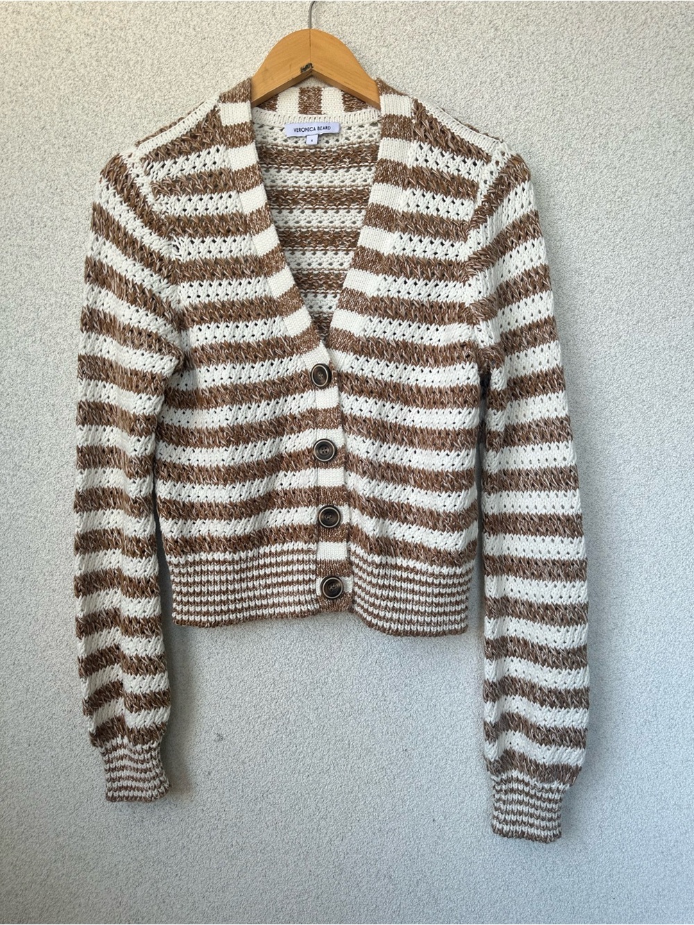 Veronica Beard Artura Stripe Cardigan Brown Cream Knit Sweater,  Size Small